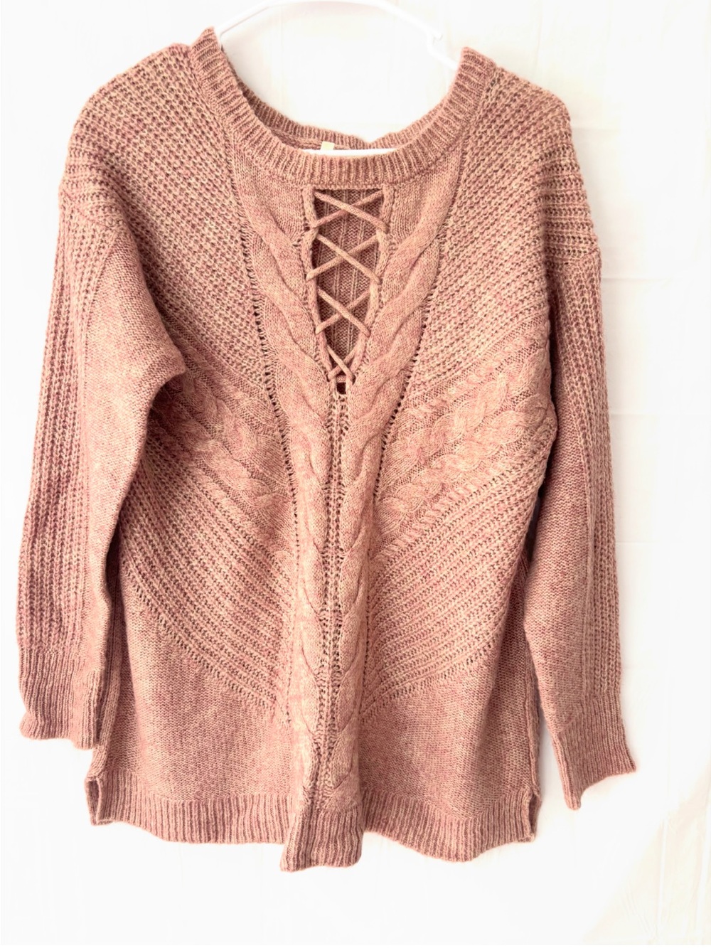 NWOT Maurices Rose Pink Lace-Up Cable Knit V Neck Sweater SZ M